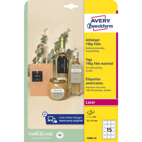 Cartellini micro-perforati Avery ultraresistenti in plastica da 190µ bordi lisci in conf. da 150 pz T3003-10